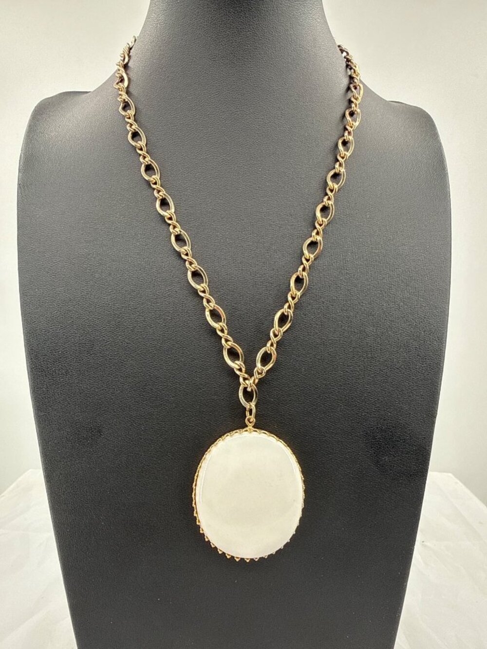 Vintage Gold Statement Necklace Large White Cabochon Pendant Retro Link Chain